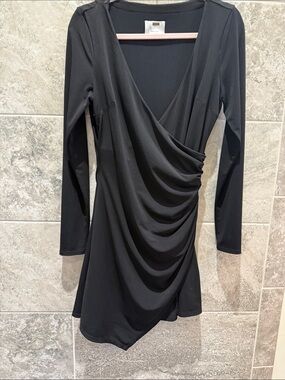 Cinq a Sept Black Long-Sleeve Draped Wrap Mini Dress